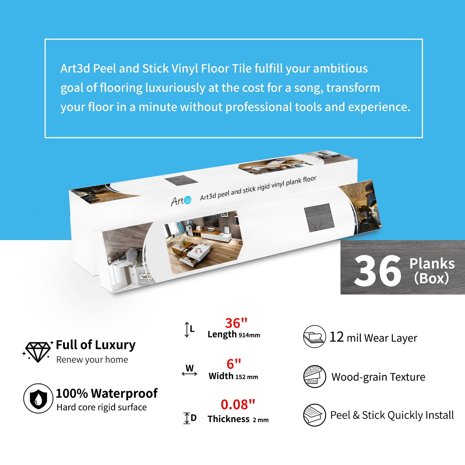 Art3d Self-Adhesive Flooring Peel and Stick Floor Tile Vinyl Wood Plank 36-Pack 54 Sq.Ft-Deep Grey