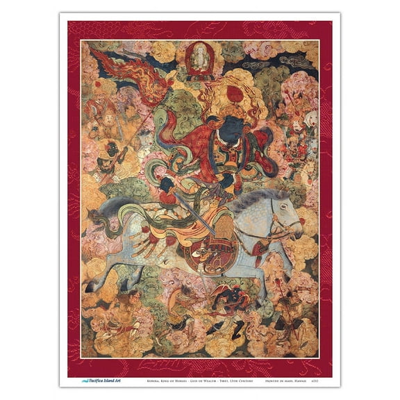 Kubera King of Horses - God of Wealth - Tantric Buddhist Deity - Vintage Tibetan Thangka Buddhist Painting - Tibet, 13th Century - Master Art Print (Unframed) 9in x 12in