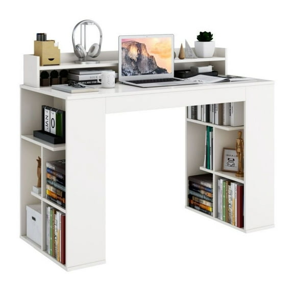 Computer Desk with Bookshelves, White Office Desk with Monitor Shelf, 45" Desktop, Dual 3-Tier Bookcase, Home Writing Study Table