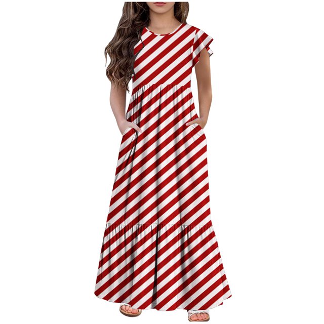 Bwiyojiz Fashion Sizes 130-160 Girls Summer Short Sleeves Round Neck Solid Color Dress, Red