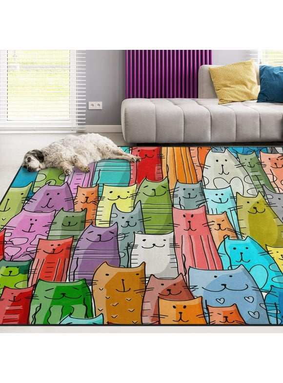 Wellsay Colorful Animal Area Rug 1.7' x 2.6', Funny Cats Family Pattern Polyester Area Rug Mat for Living Dining Dorm Room Bedroom Home Decorative