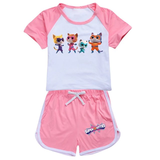 Ropa de superkitty para niñas y niños, conjunto de ropa de verano, traje deportivo de superkitty, camiseta + Pantalones, 2 piezas, pijamas para bebés