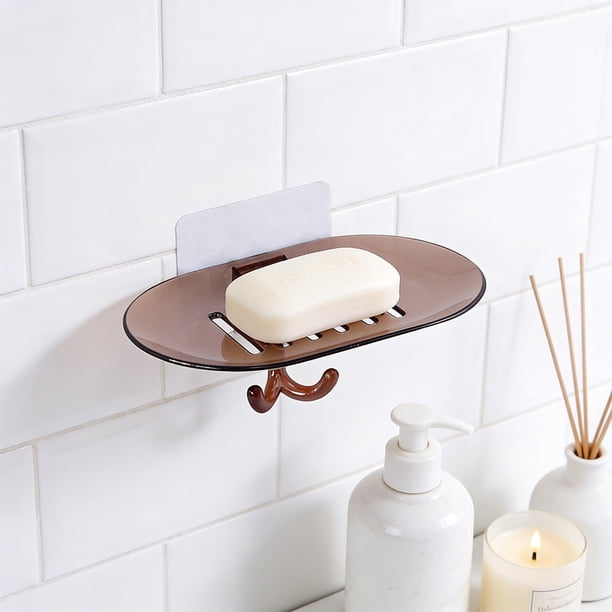 Jabonera adhesiva de pared con drenaje y ganchos para toallas | Jabonera sin taladro con ranuras de secado | Jabonera de baño con ganchos para toallas