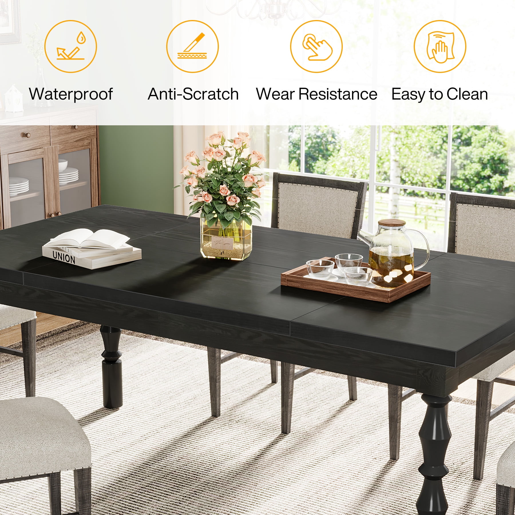Tribesigns Dining Table, 62 in. Large Farmhouse Kitchen Table for 4-6, Rectangle Dinner Table Breakfast Table Kitchen & Dining Room Furniture with Carved Turned Legs