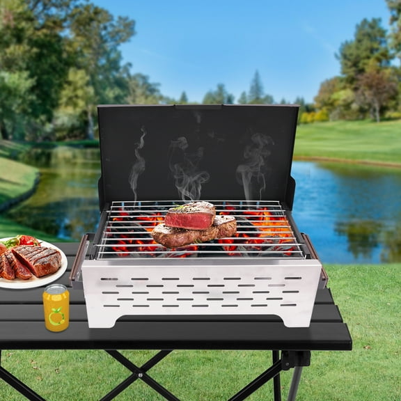 Portable Charcoal Grill, Folding Camping Grill, Outdoor BBQ Grill 15.75*8.27-inch  Foldable Design With Anti-scald Solid Wood Handles
