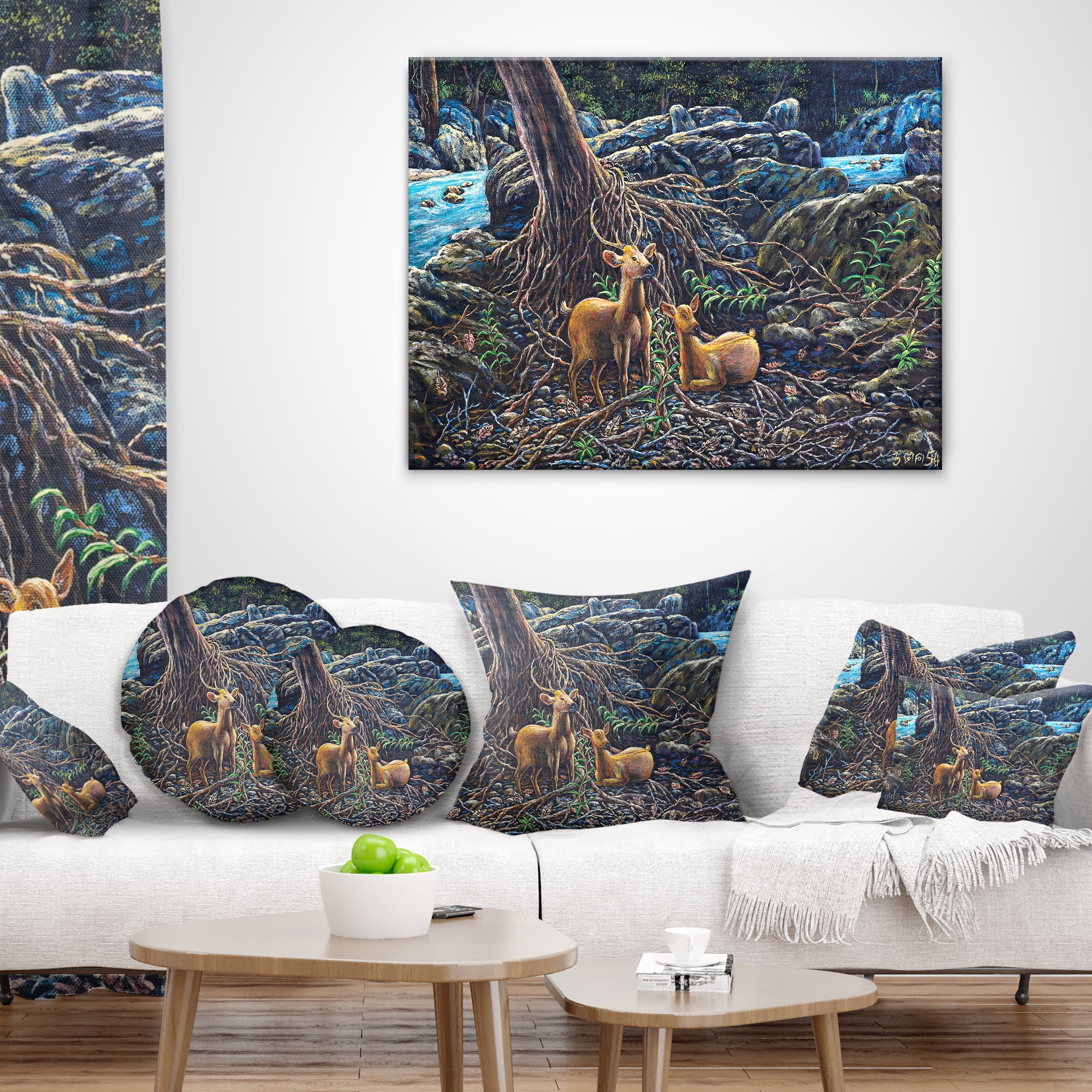 Designart Deer in Forest - Landscape Painting Throw Pillow - 18x18