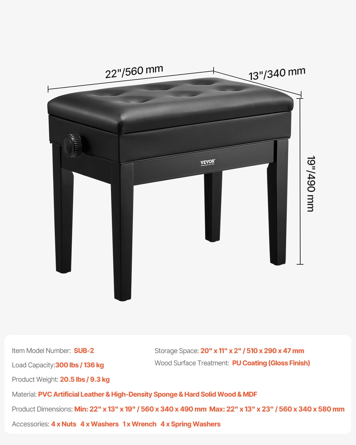 VEVOR Piano Bench, 22" x 13" x 19.3", Keyboard Piano Chair with 19.3"-22.8" Adjustable Height, Padded Cushion, Storage Compartment for Music Books, Wooden Piano Stool Seat, for Vanity, Living Room