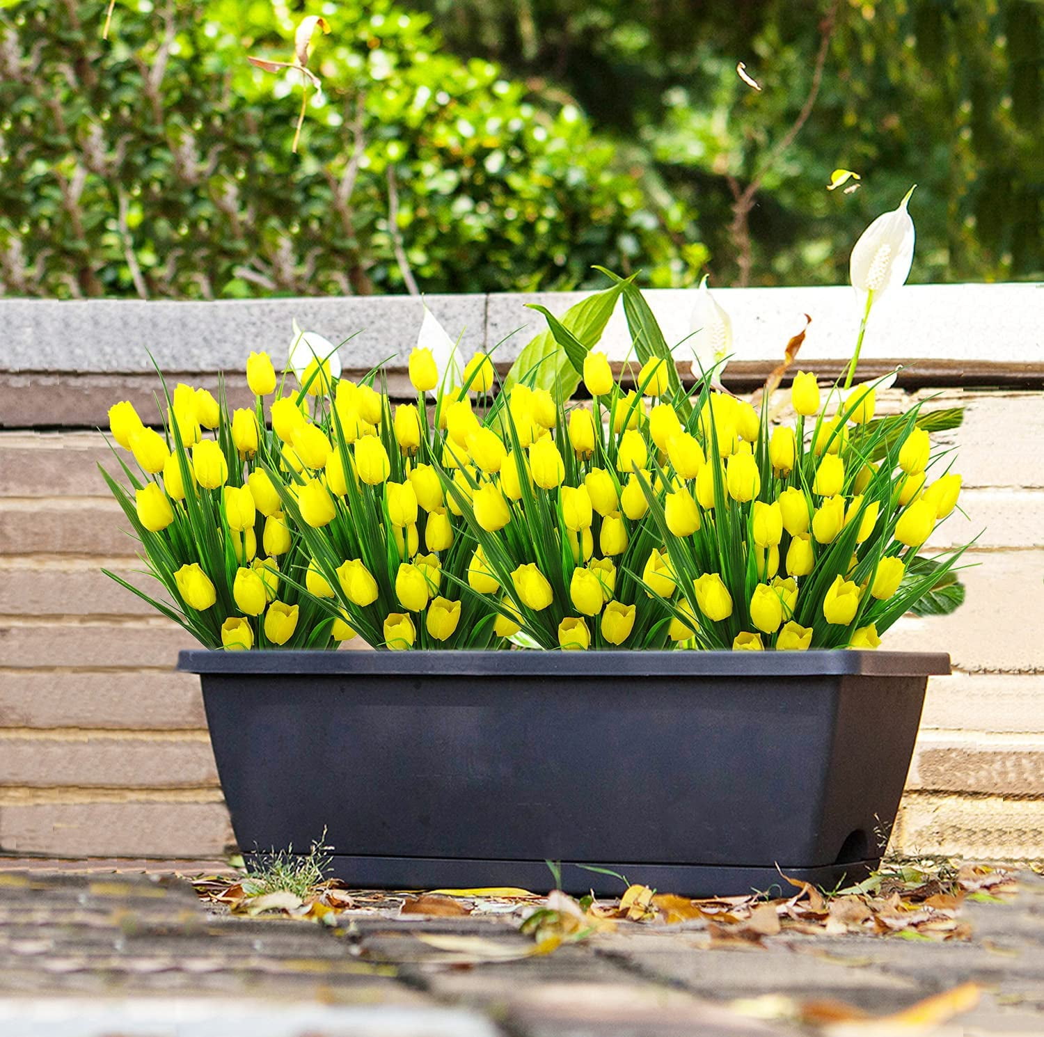 Outdoor Artificial Tulips Fake Flowers UV Resistant Faux Plastic Greenery Shrubs Plants for Home Outside Garden Porch Window Farmhouse Decor (Yellow)