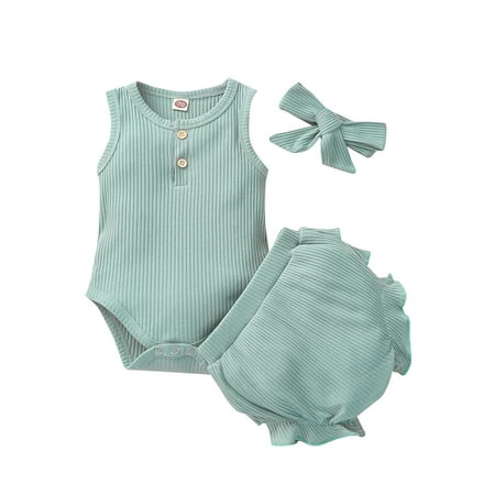 

Infant Shorts Romper Girl Bodysuit+Ruffles Solid Outfits Baby Sleeveless Girls Outfits&Set