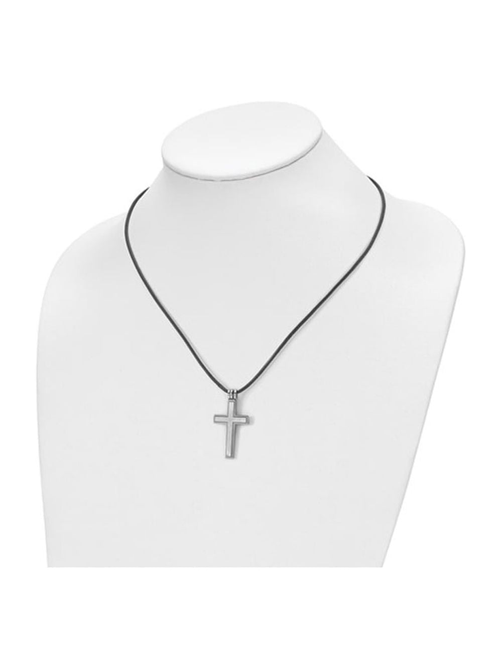 Mens Chisel Cross Pendant Necklace in Stainless Steel with Leather Cord & Synthetic Cubic Zirconia (CZ) for Men