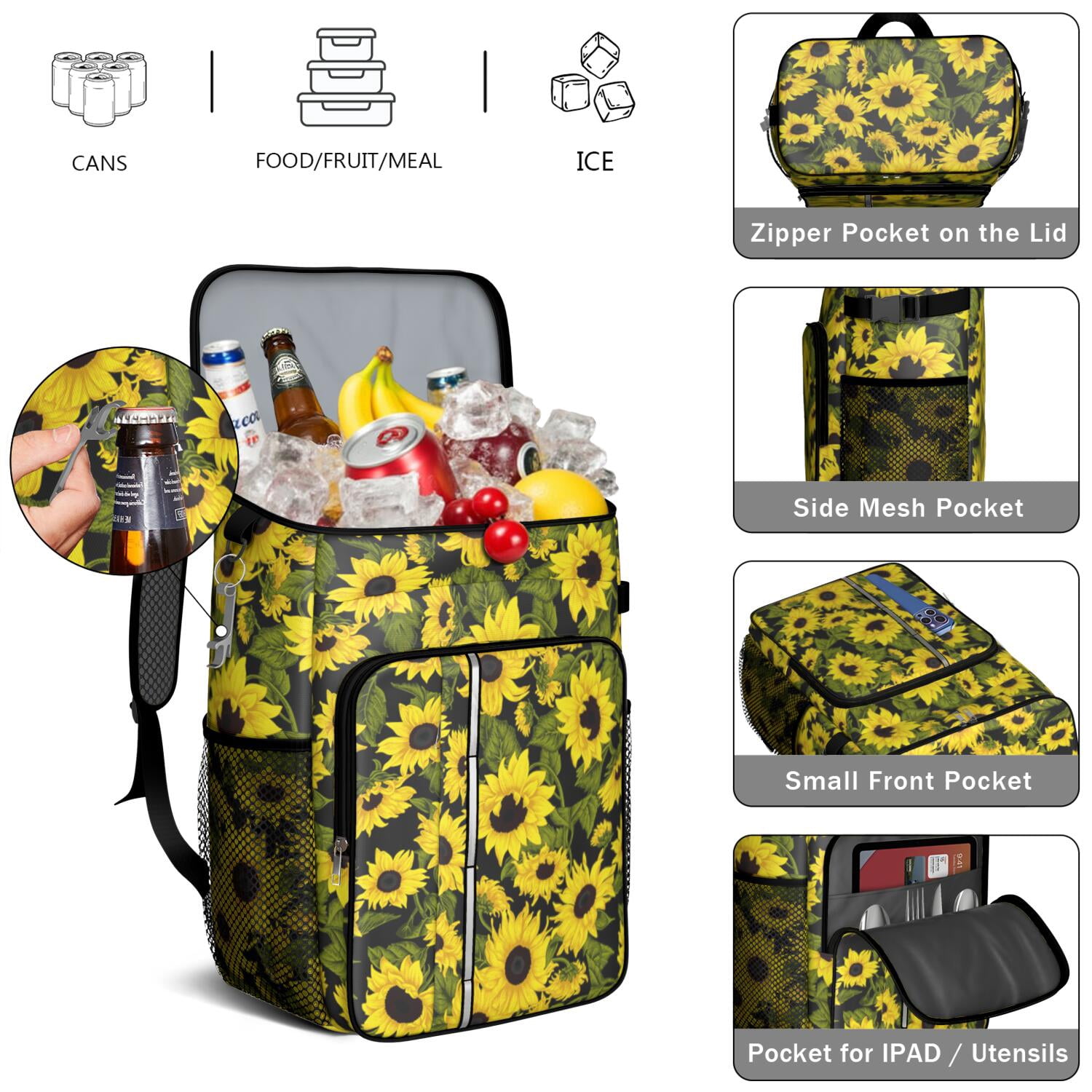 Travel Cooler Bag - Sunflower Camping Beer Cooler Backpack with Bottle Opener- Waterproof Insulated Picnic Backpacks - Cooler Bag for Beach
