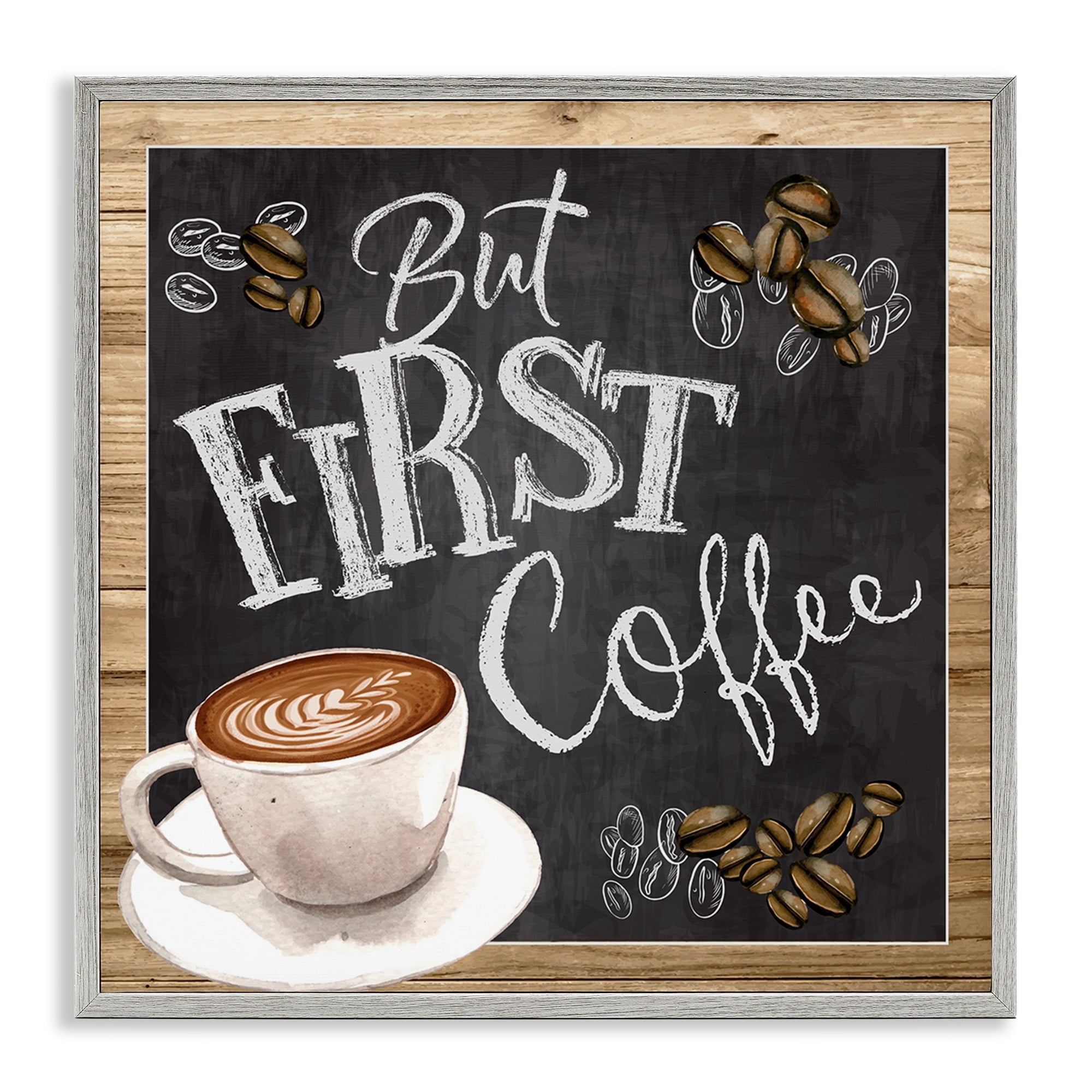 Stupell Industries But First Coffee Typography Chalkboard Latte Beans Framed Wall Art, 12 x 12, Design by ND Art
