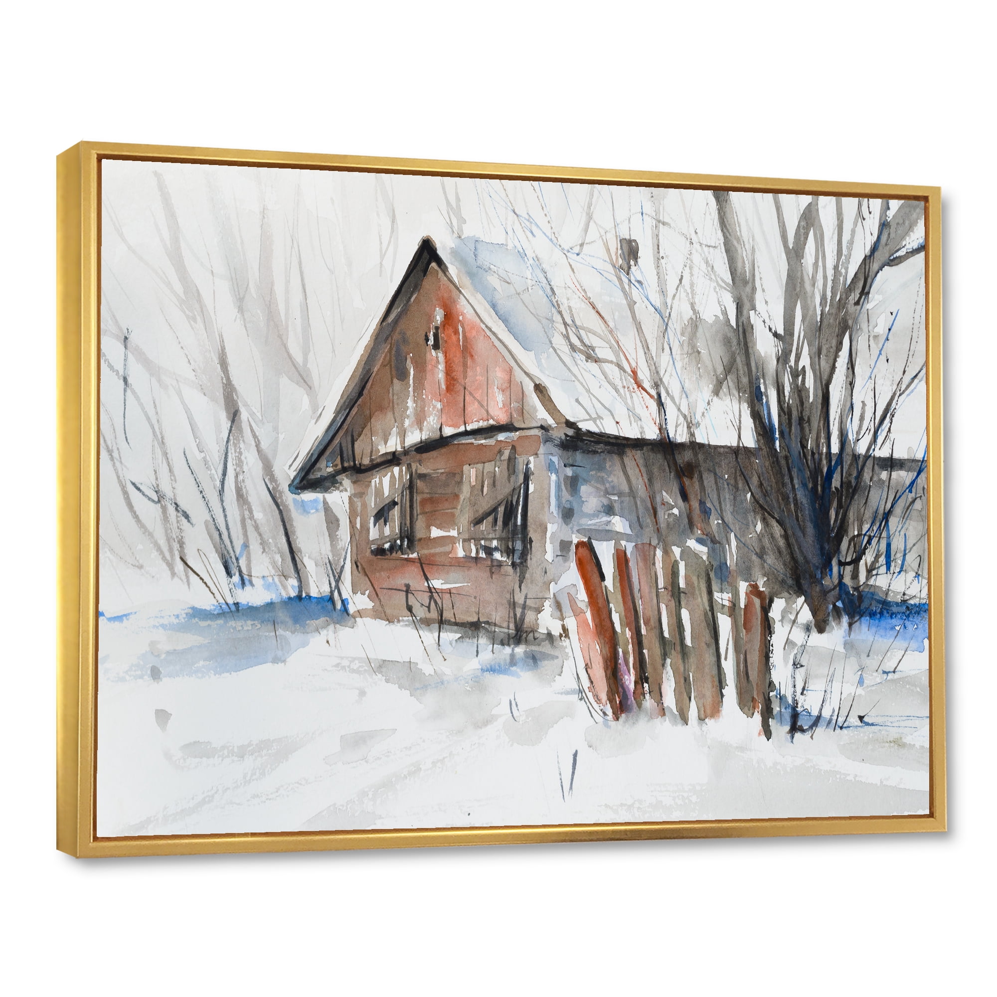 Designart 'Old Abandoned Wooden House In Winter Snow Picture' Traditional Framed Canvas Wall Art Print