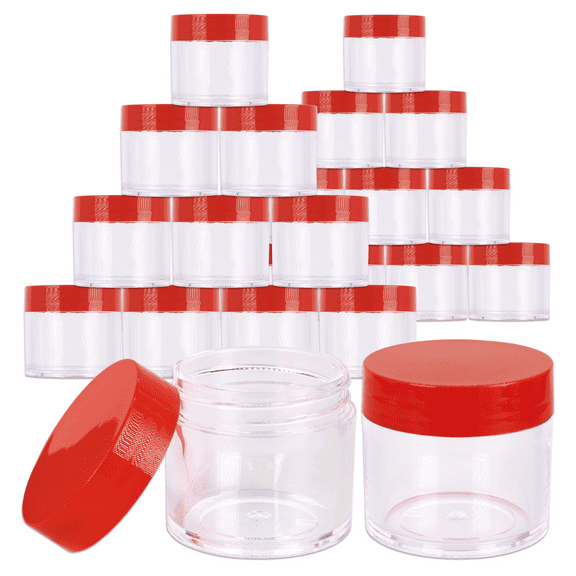 Beauticom 24 Pieces High Quality 30 Gram 30 ml (1 oz) Round Acrylic Makeup Product Sample Travel Jars with Flat Red Lids