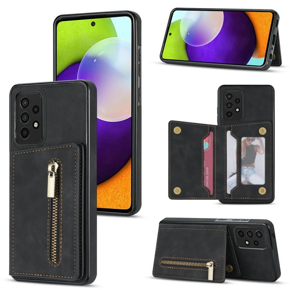 Samsung A53 5G Case, Dteck Zipper Pocket Credit Card Holder Flip Stand Case PU Leather Shockproof Cover for Samsung Galaxy A53 5G - Black
