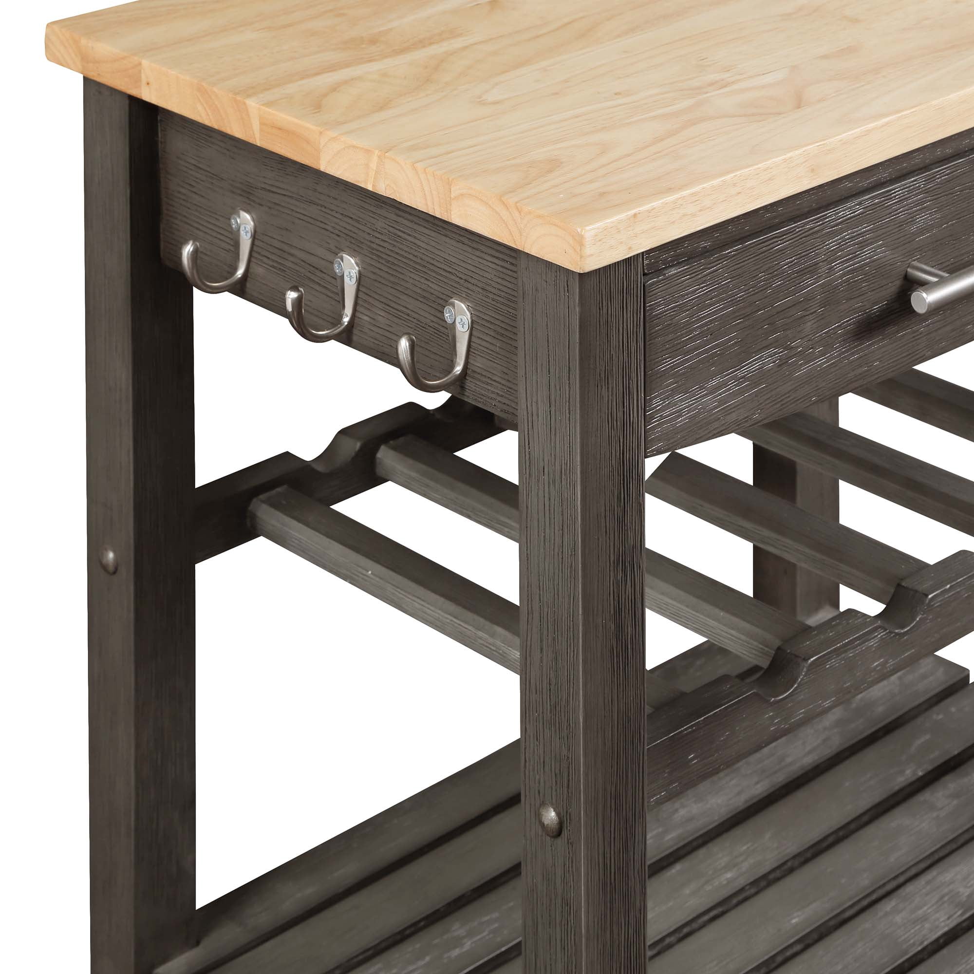 Ellaine 4 Tier Butcher Block Kitchen Cart with Drawer and Wine Rack, Wirebrush Dark Gray/Butcher Block