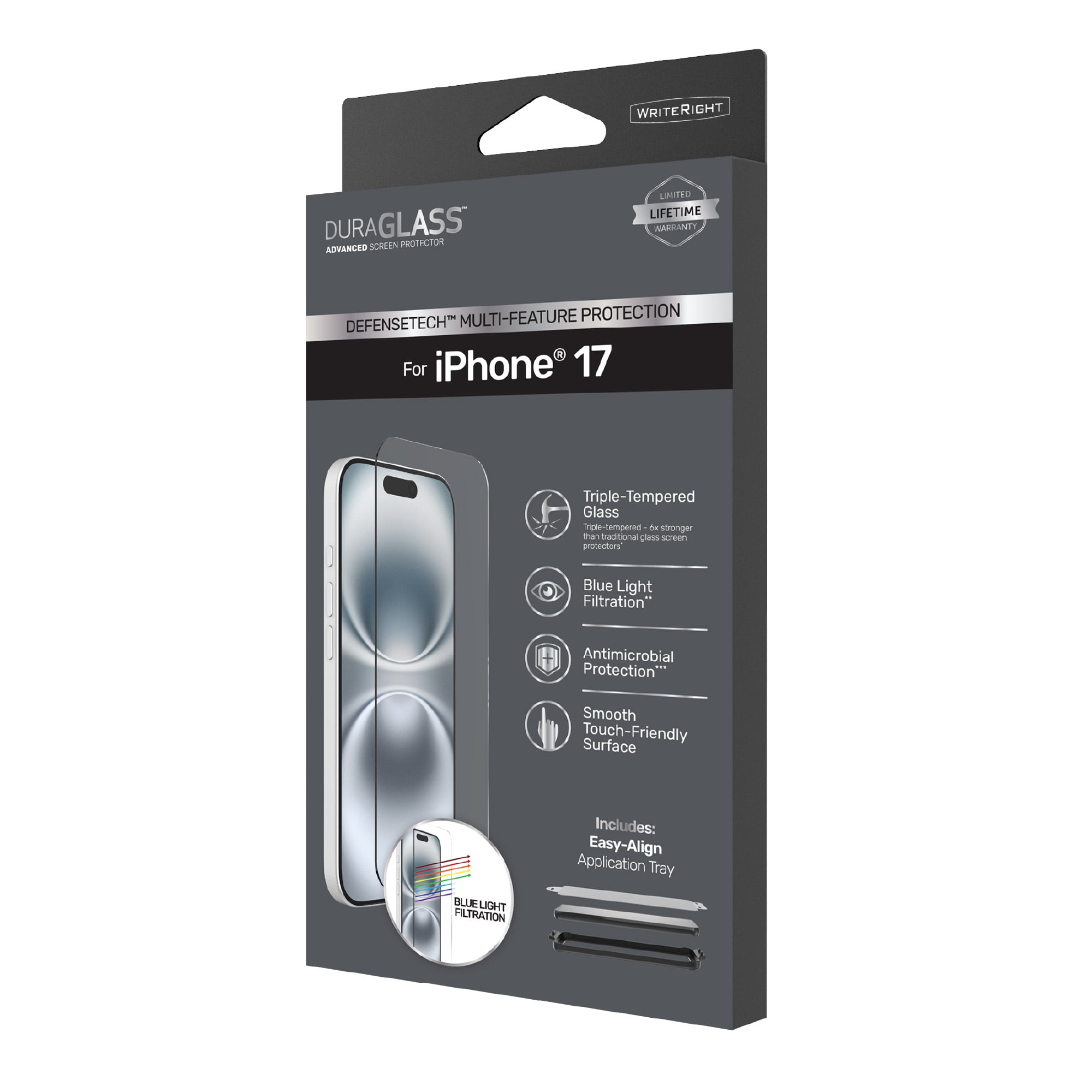 DuraGlass DefenseTech Glass Screen Protector with Blue Light Filtering for iPhone 17