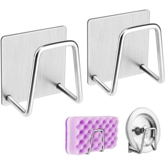 Paquete de 2 soportes organizadores de esponja adhesivos para fregadero, pulidos, para accesorios de cocina, de acero inoxidable, a prueba de óxido, impermeables, de secado rápido, ahorran espacio en