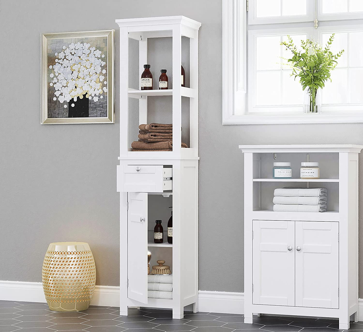 Spirich Bathroom Storage Cabinet with Two-Tier Shelves, Slim Cabinet with Door & Drawer, White Linen Tower