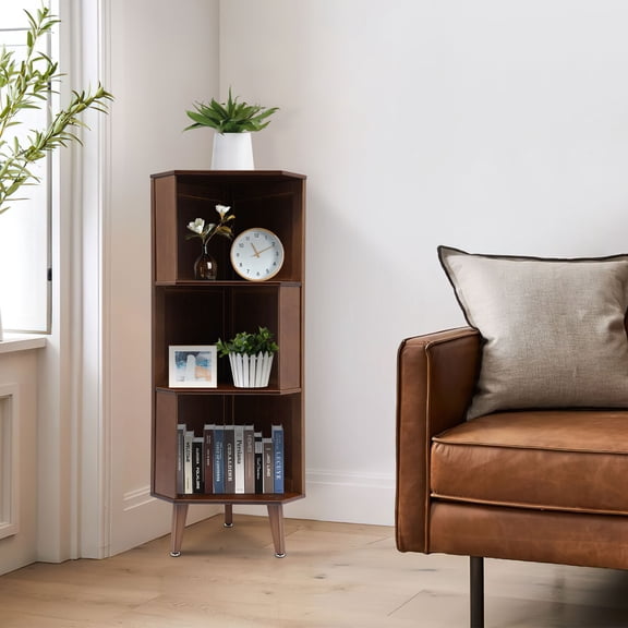 33*115cm/13*45.3 Inch Three-tier Brown Storage Cabinet Corner Storage Shelf