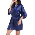 thumbnail image 2 of Lovskoo Women's 2024 Satin Robe Valentines Sleepwear for Women Kimono Bathrobe Short Ruffle Belted Robes Bridesmaids Sleepwear Dark Blue, 2 of 5