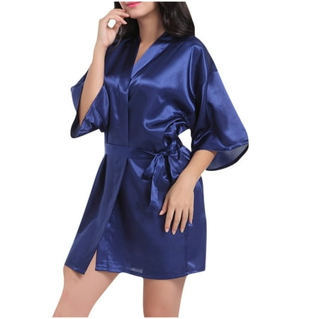 VONCOS Women s Satin Robe Sleepwear- Sling Summer Sexy Bathrobe Valentines Lingerie for Women Short Robes Dark Blue Size M