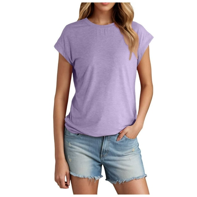 Women Summer Short Sleeved T Shirt Polyester Spandex Ribbed Knit for Summer Outings