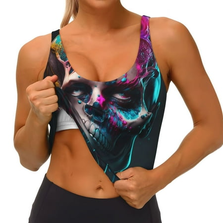 Qokaie Modern Abstract Colorful Skull B Pattern Womens Scoop Neck Sports Bra Breathable Workout Vest Padded U Back Medium Impact Fitness Gym Yoga Bra Workout Crop Top