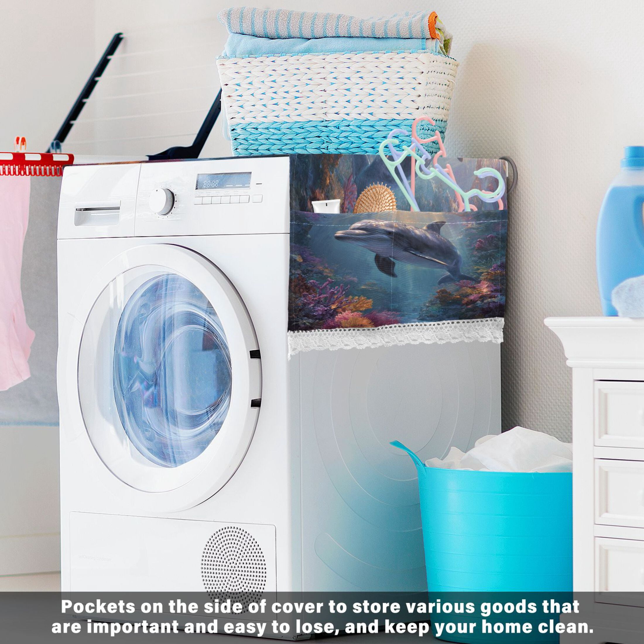 Washing Machine Cover 51.2x22in, Durable Polyester Dust Cover with Lace Trim and Side Pocket for Appliances Dolphin