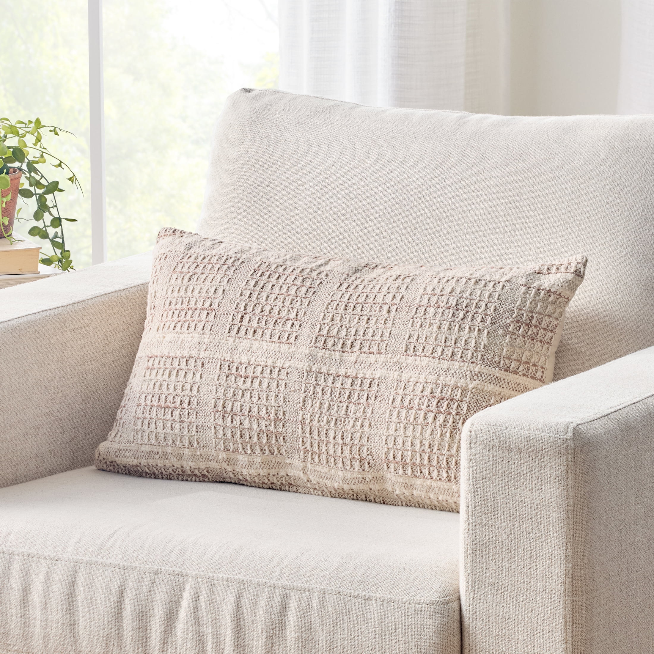 Better Homes & Gardens 14" x 24" Beige Chunky Woven Plaid Decorative Pillow