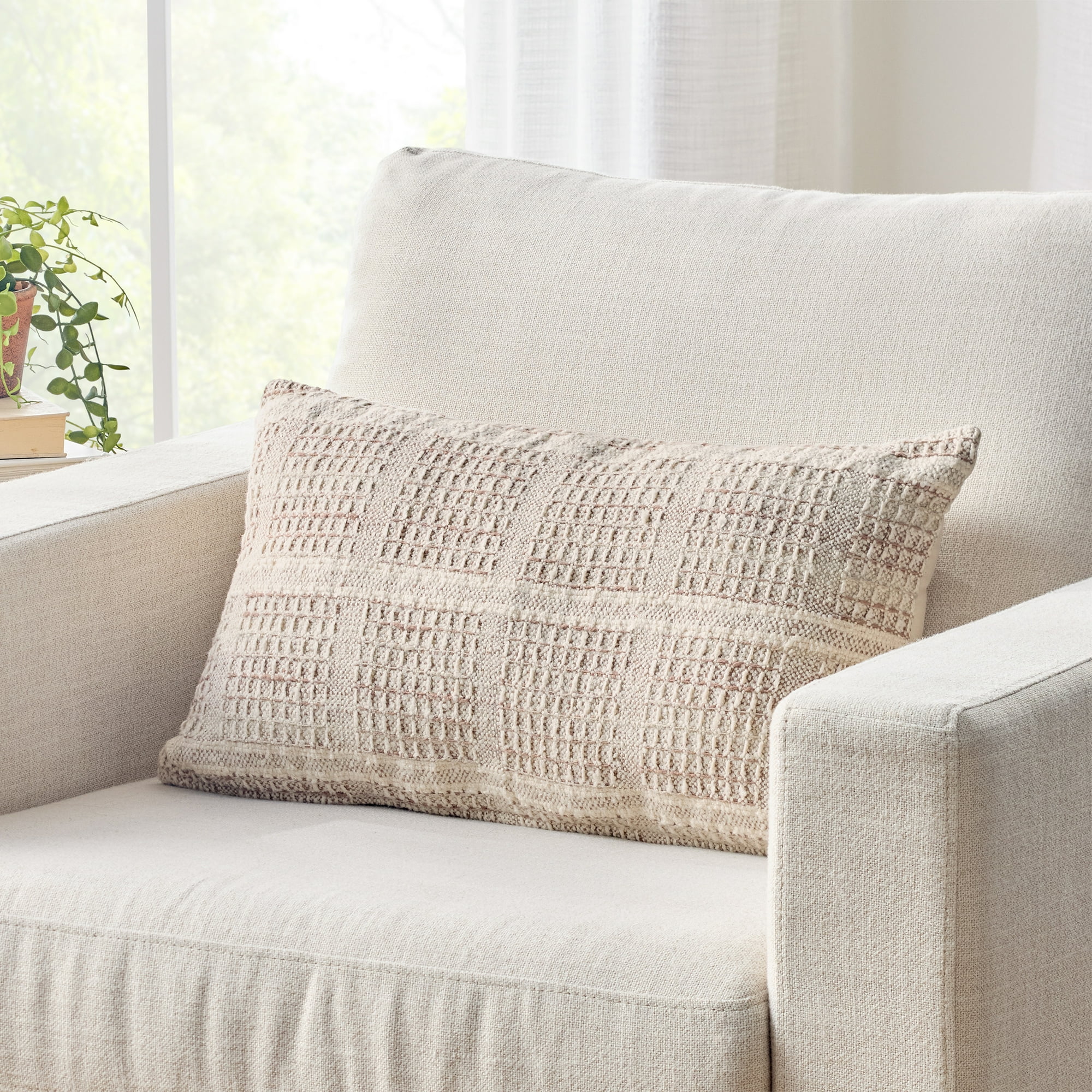 Better Homes & Gardens 14" x 24" Beige Chunky Woven Plaid Decorative Pillow