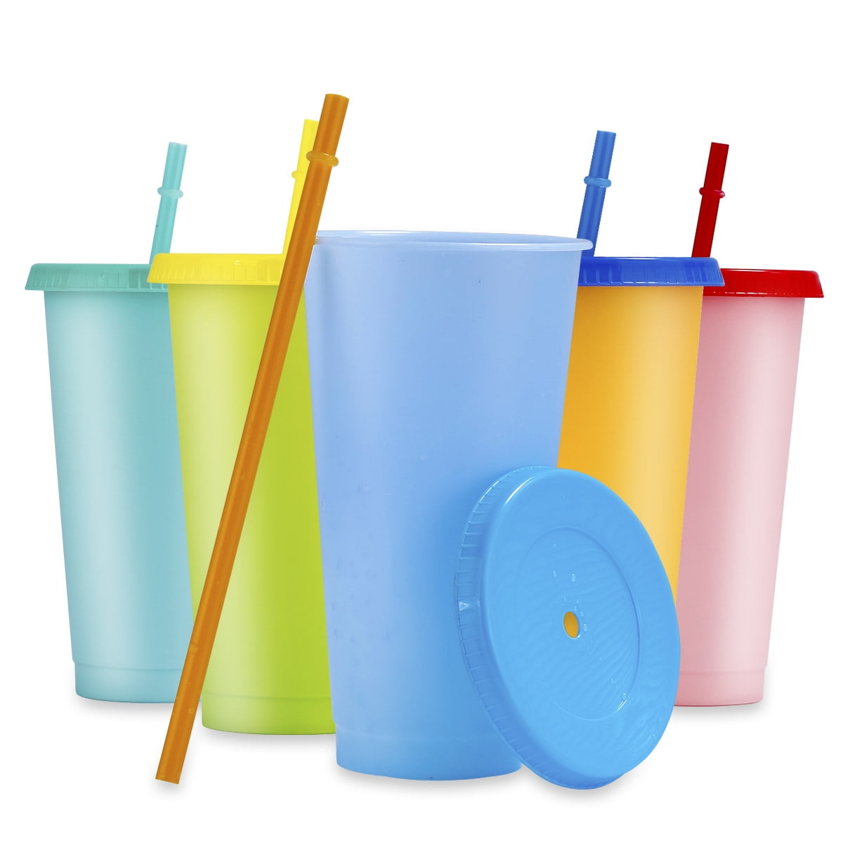 Color Changing Cups with Lids and Straws with 2 Straw Cleaning Brushes, 24 oz Reusable Plastic