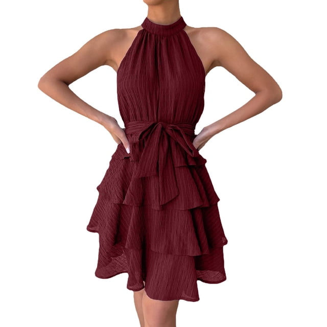 B91xZ 2024 Robes d'Été Décontractées pour Femmes Col en V Taille Empire Robe Sans Manches d'Été Décontractée à Volants Midi, Rouge m