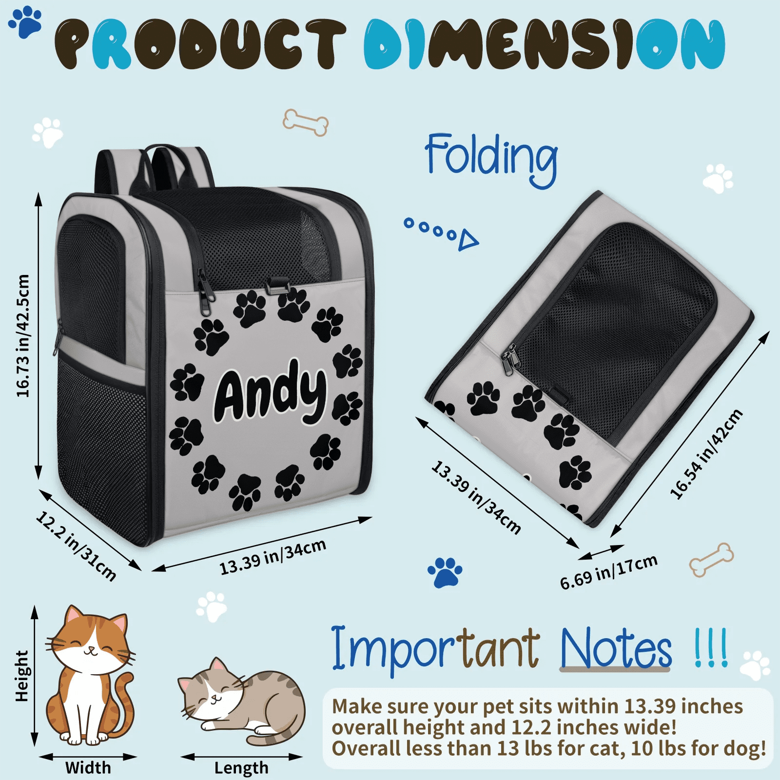 Custom Name Cat Carrier Backpack,Peresonalized Pet Backpack for Small Dogs & Cats Under 13lbs,Ventilated Pet Backpack Bag for Camping Biking Hiking Travel