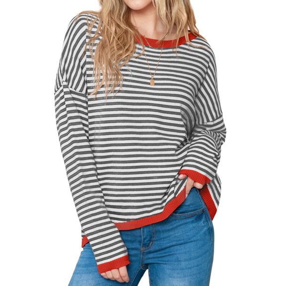 SHEWIN Womens Cotton Sweater Stripe Thin Knit Pullover Tops Lightweight Long Sleeve Shirts M