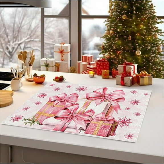 Christmas Placemats Set - Heat Resistant Washable Table Mats for Holiday Dining (Pink, 50x30cm)