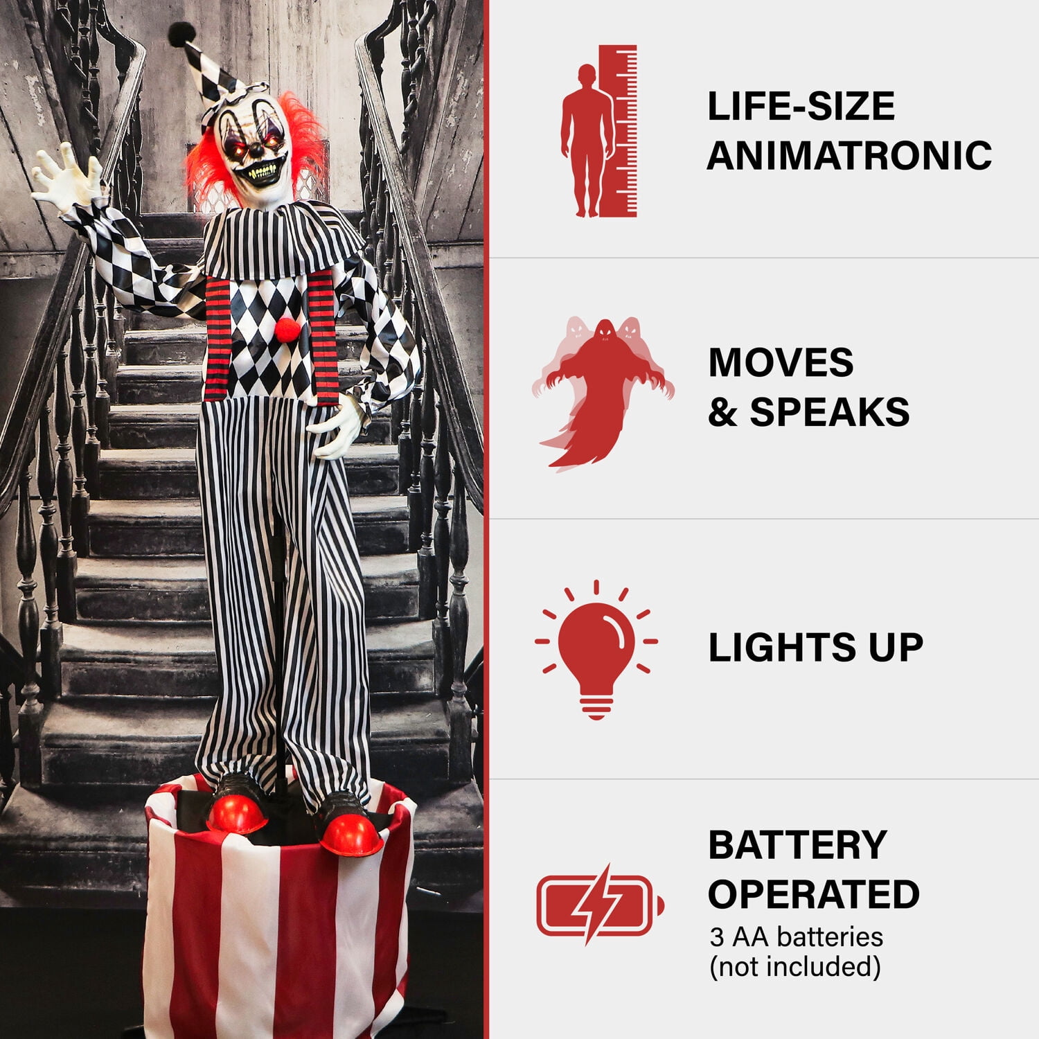 Haunted Hill Farm 6 ft Animatronic Talking Clown on a Stage with Movement and Light-Up Eyes for Scary Halloween Decoration, HHCLOWN-31FLSA