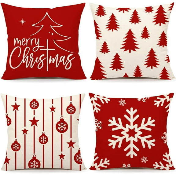 Red Christmas Pillow Covers 18x18 Set of 4 Farmhouse Christmas Decorations Merry Christmas Tree Snowflake Winter Holiday Decor Throw Cushion Case for Home Couch S23C01