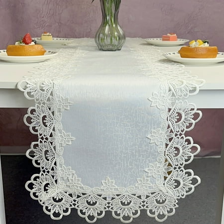 

Rectangle White Table Runner Lace Macrame Embroidered Table Runners for Holiday Wedding Long Dinner Tables