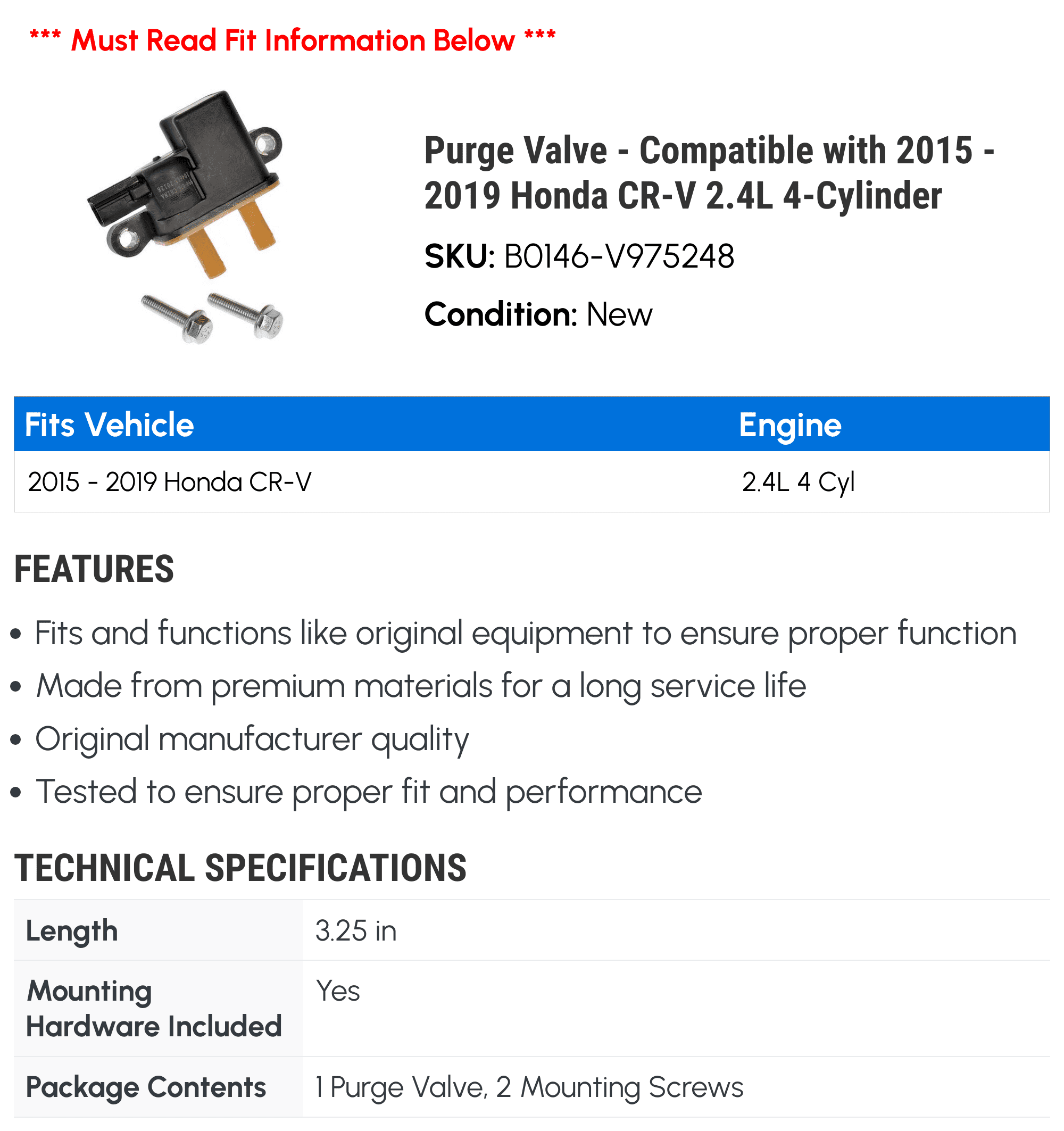 Purge Valve - Compatible with 2015 - 2019 Honda CR-V 2.4L 4-Cylinder - Dorman