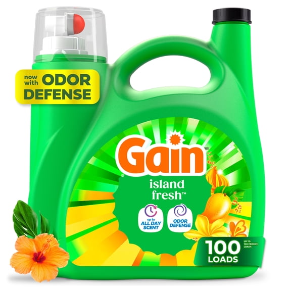 Gain Laundry Detergent Liquid, Now with Odor Defense, Island Fresh Scent, 132 fl oz, 100 Loads
