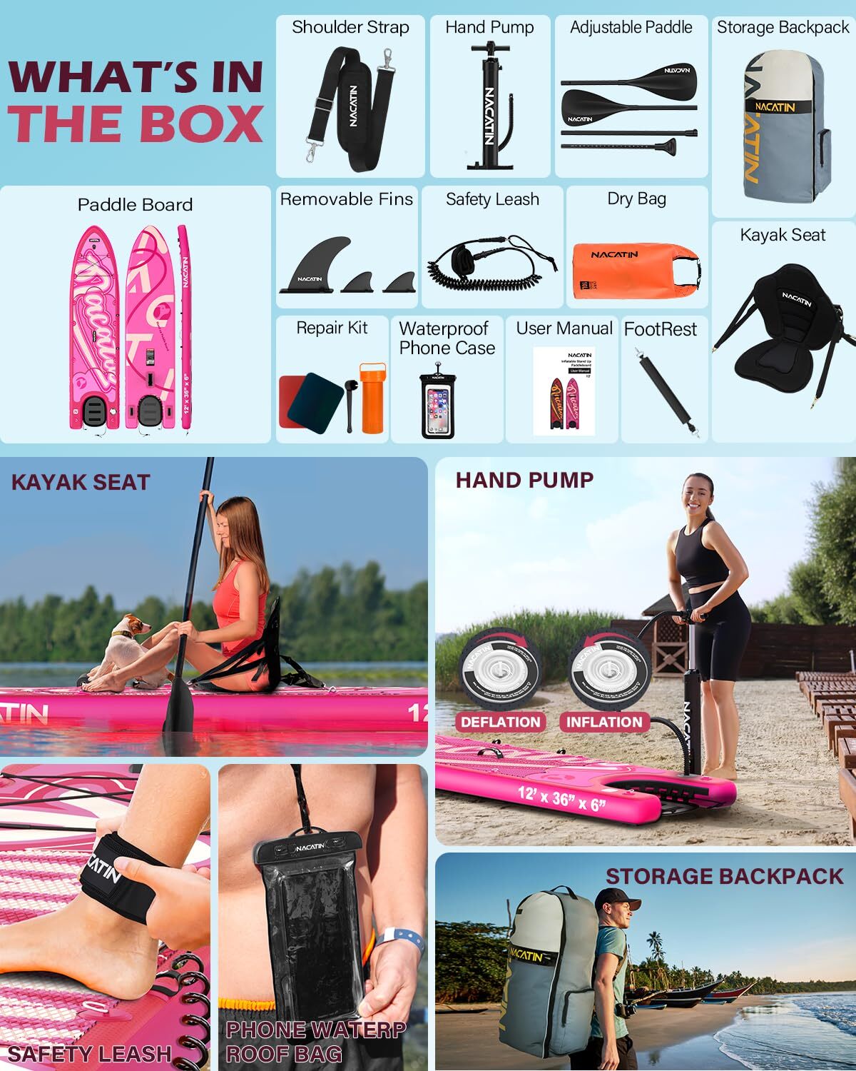 NACATIN Inflatable Dog Paddle Board 2-in-1 Dog SUP with Built-In Ramp & Kayak Seat