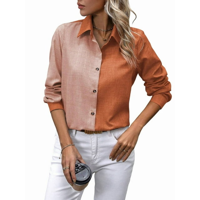 Camisas con Botones para Mujer, Blusas de Larga, Blusas Casuales Lisas para Oficina y Trabajo Naranja S
