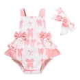 thumbnail image 5 of ZEHJUHAN Baby Girls' Ruffle Sleeveless Halter Romper + Headband Set, Bow Print Summer Outfit with Snap Closure Pink，0-6M, 5 of 8