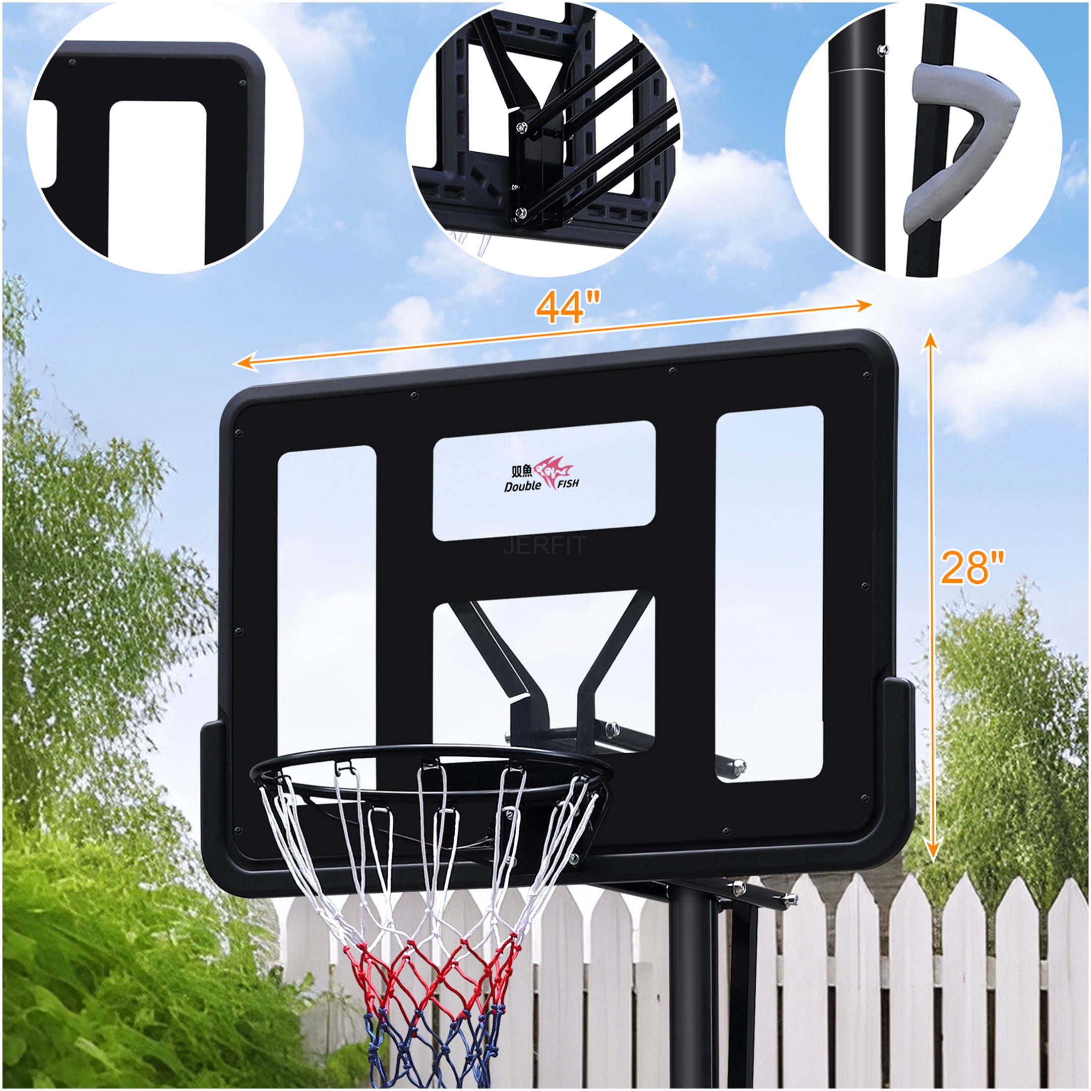 JERFIT 44" Portable Basketball Hoop System, Adjustable Height 7.5-10 ft, Stable Fillable Base with Wheels for Outdoor, Indoor, Backyard, Pool Use