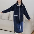 thumbnail image 2 of SWSMCLT Women's Fleece Robe Long Pajamas Thick Button Bathrobe Warm Long Sleeve Comfy Soft Trendy Fall House Navy Medium, 2 of 5