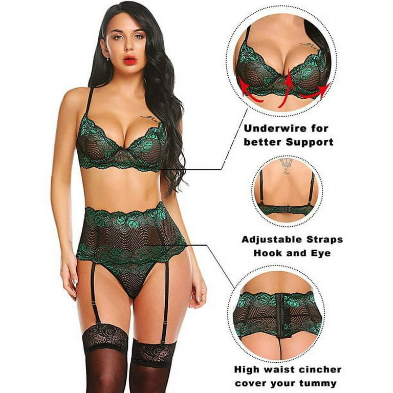 Lingerie Set for Women Naughty，Garter Belts Bra and Panty Underwire  Lingerie Sets ，4 Piece, Floral Lace, Wirefree, Soft, Garter Belt， Green
