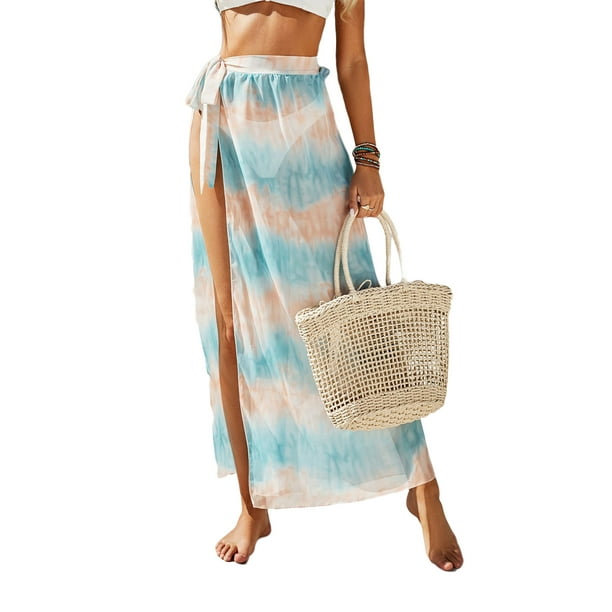 Meihuida Women Bikini Cover Ups Solid Color/ Printed High Waist Tie Up