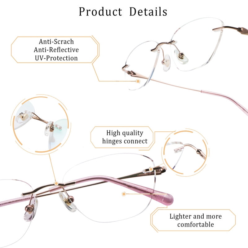 LifeArt Blue Light Blocking Glasses,Computer Reading Glasses,Titanium Rimless Frame,Stylish for Men&Women(Pink,No Magnification)