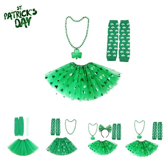 Xihbxyly Conjunto de Disfraz para El Día de San Patricio: Falda Tutú Verde con Lentejuelas de Trébol, Collar de Cuentas, Diadema con Lazo, Mangas Verdes, Accesorios para Festivales, Talla de Adulto,